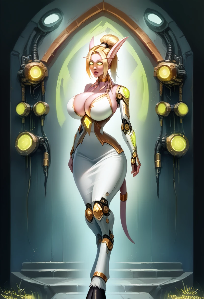 A hybrid draenei bloodelf woman with long pointy ears and draenei horns, gigantic breasts, long tail with ornaments, narrow waist, wide hips, glowing gold eyes, white tinted skin, gold hair, facial tattoos, gold necklace and pendant, gold choker, gold hair jewellery and tiara, long high ponytail hair, revealing white dress with cleavage, draenei jewellery over the body, very detailed face, long legs, full body image, reelmech, mechanical parts, cable, wires, machinery, joints, body suit,sci-fi, intricate details, hyper realistic, cinematic lighting, dark fantasy, chiaroscuro,volumetric lighting,glowing energy,photorealistic,8k,best quality,masterpiece, 