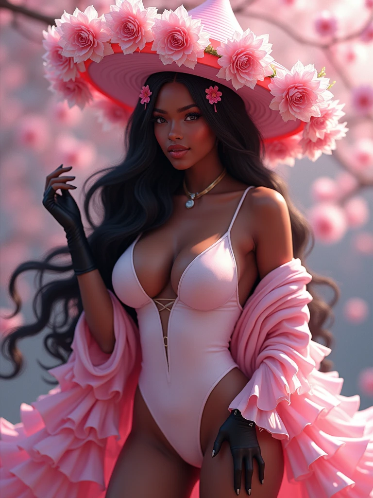 /imagine (Masterpiece, hdr, UHD)),best quality, (8k,hyper-detailed wallpaper,ultra-detailed, ultra absurdres, ultra aesthetic), really nice looking cosplay girl wearing a pink and white flower hat, 1girl, solo, dark skin, dark-skinned female, long hair, thighhighs, big breasts, curvy hips, perfect physique, perfect anatomy, perfect hands, flower, hat, gloves, braid, seductress, seducing the viewer, cleavage, black thighhighs, hair between eyes, black gloves, wide sleeves, cherry blossoms, leotard, hair ornament, black eyes, shining eyes, carnal demeanor, seductive smile, blowjob, cum gulping, bbc, cherry blossom skirt, Connie Maheswaran, Murakami teruaki, 