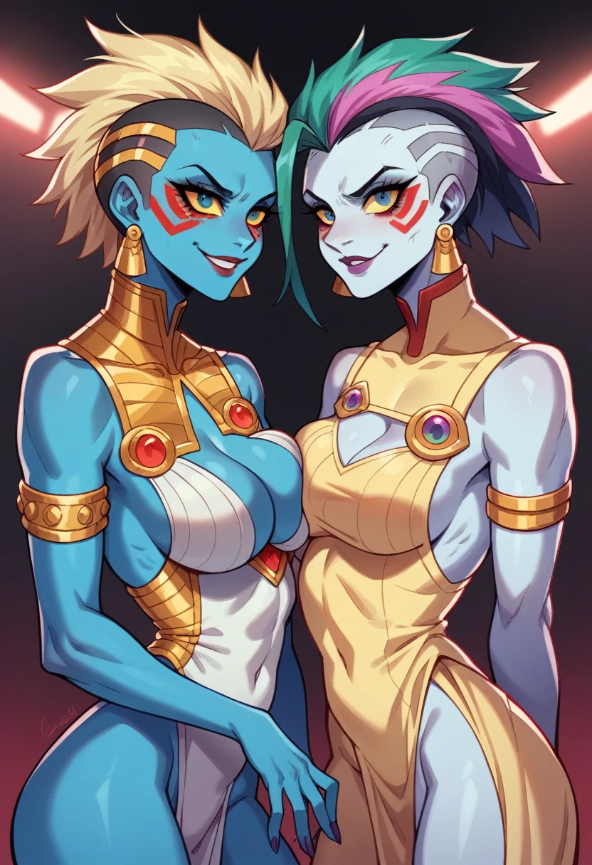 Two women in costumes are standing in a room, Ace Female Mechanic, Static Prometheus Frame, Blue body paint, Cyberpunk decorations, Aztec Empress, Movie details, security guard, Balcony scene, Solarpunk, By Leon Wichowkowski, Sisters, japanese cgi, Empress of Kazakhstan, Character close-up  