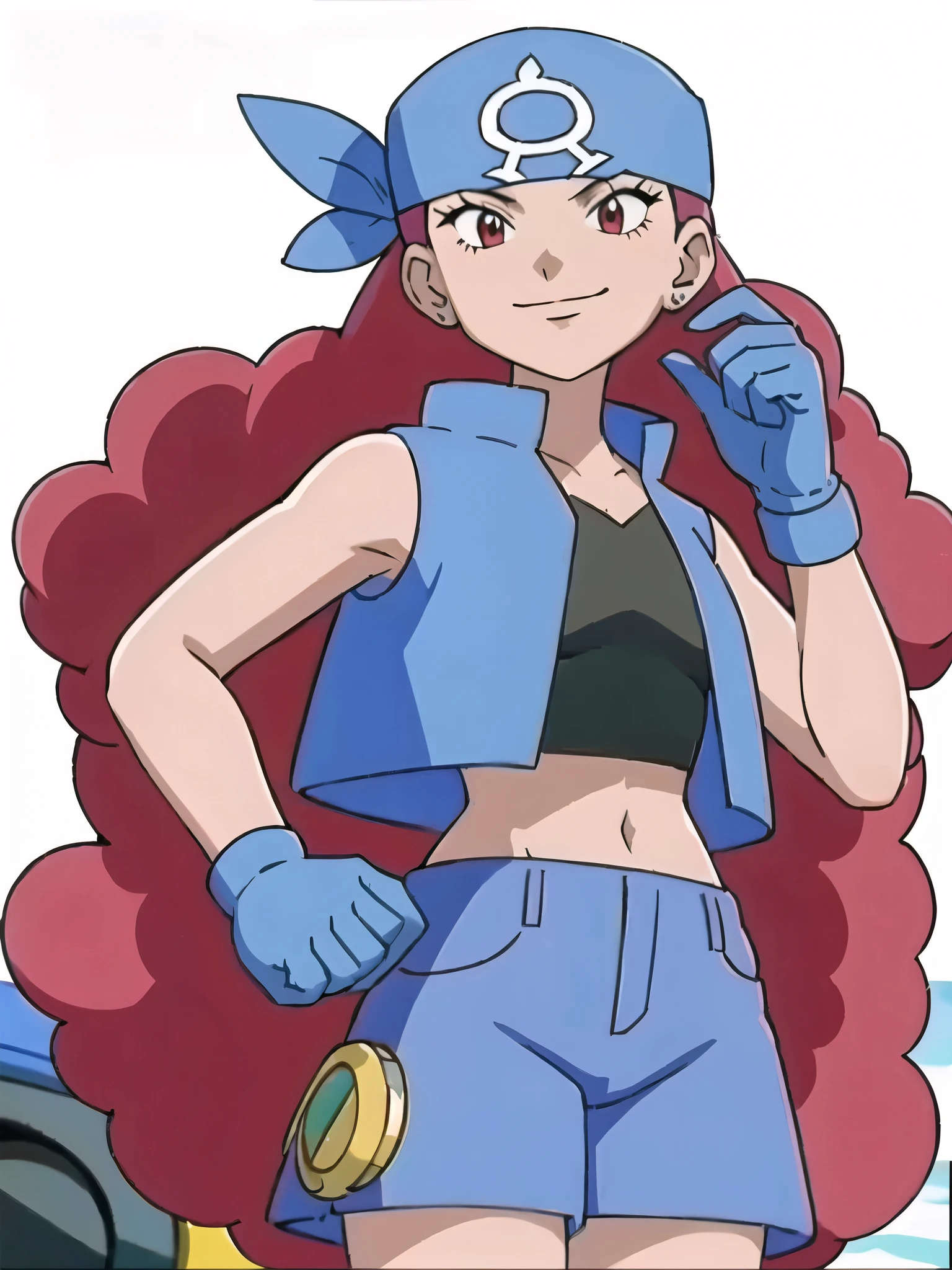(masterpiece, best quality:1.2,ultra detailed,8k),1girl,solo,Shelly \(pokemon\),blue bandana,long hair,looking at viewer,sleeveless,bare shoulders,red hair,jacket,shirt,smile,gloves,red eyes,Team Aqua