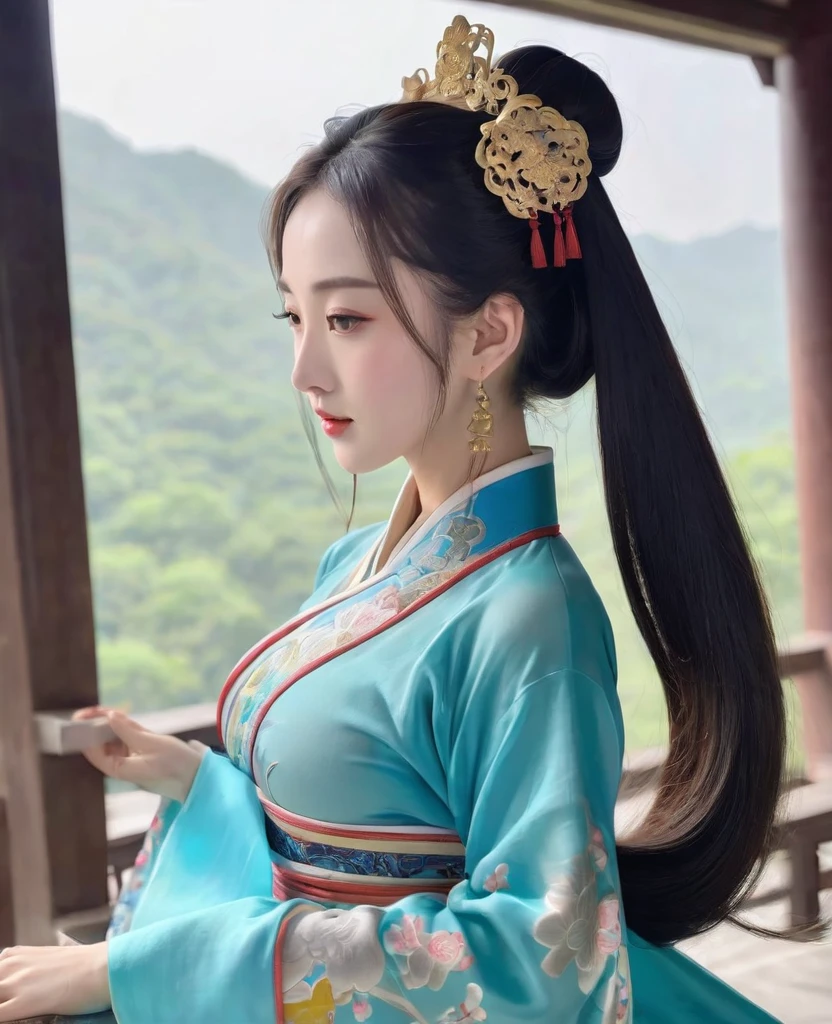 In the Qing Dynasty palace、Her breasts are large and her legs are spread wide、Bend your knees to make a V shape（Porn Pose）、Tying up your hair、She is shown in profile wearing a gorgeous Chinese empress&#39;s headdress.。In the background is the cobblestones outside a Qing Dynasty Chinese palace。