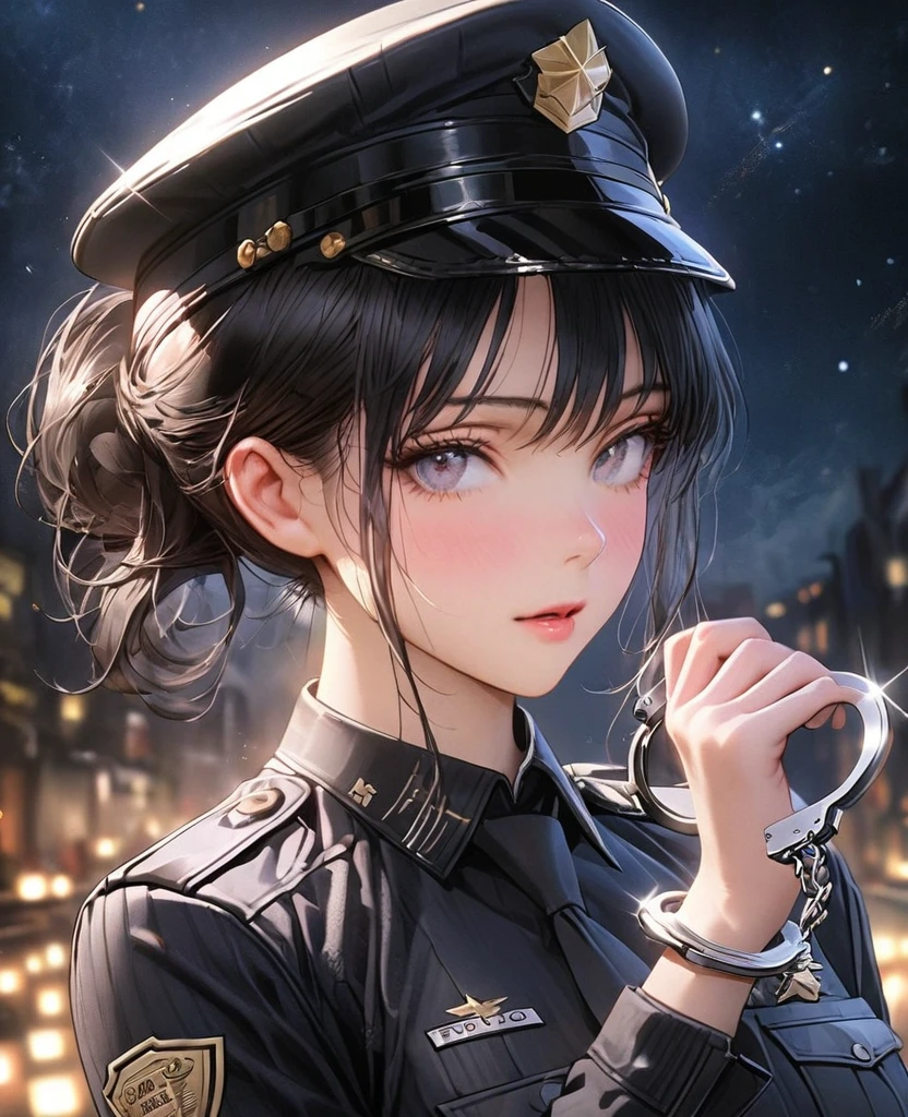 8k,Ephemeral beauty,Very delicate and beautiful,Beautiful and realistic skin,,Long black hair、Tied Hair,Beautiful Eyes,good,Beautiful night sky、Female police officer、hat、Holding handcuffs
