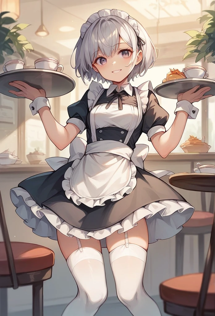 pretty girl,smile,Silver Hair,Short Hair,Maid clothes,White knee-high socks,White garter belt,pumps,Cafe,Hold the tray in your right hand,Pull up your skirt,