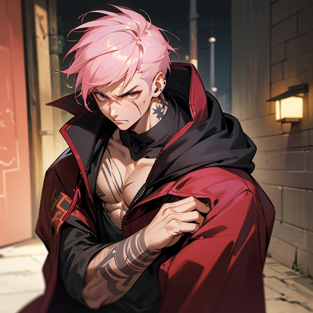 arcane style, (1 man), handsome, cropped hooded jacket, dark red jacket with black details, tattoo on arm, asymmetrical bangs, band-aid, short hair (shaved on one side), bangs freckles, light brown eyes, muscular man, looking at viewer, tattoo on neck, piercing in nose, pink hair, scar, scar on face, solo, tattoo on face, detailed background, city, alley, dark alley, night, angry, close-up, mouth closed, , ((masterpiece)), masculine face,