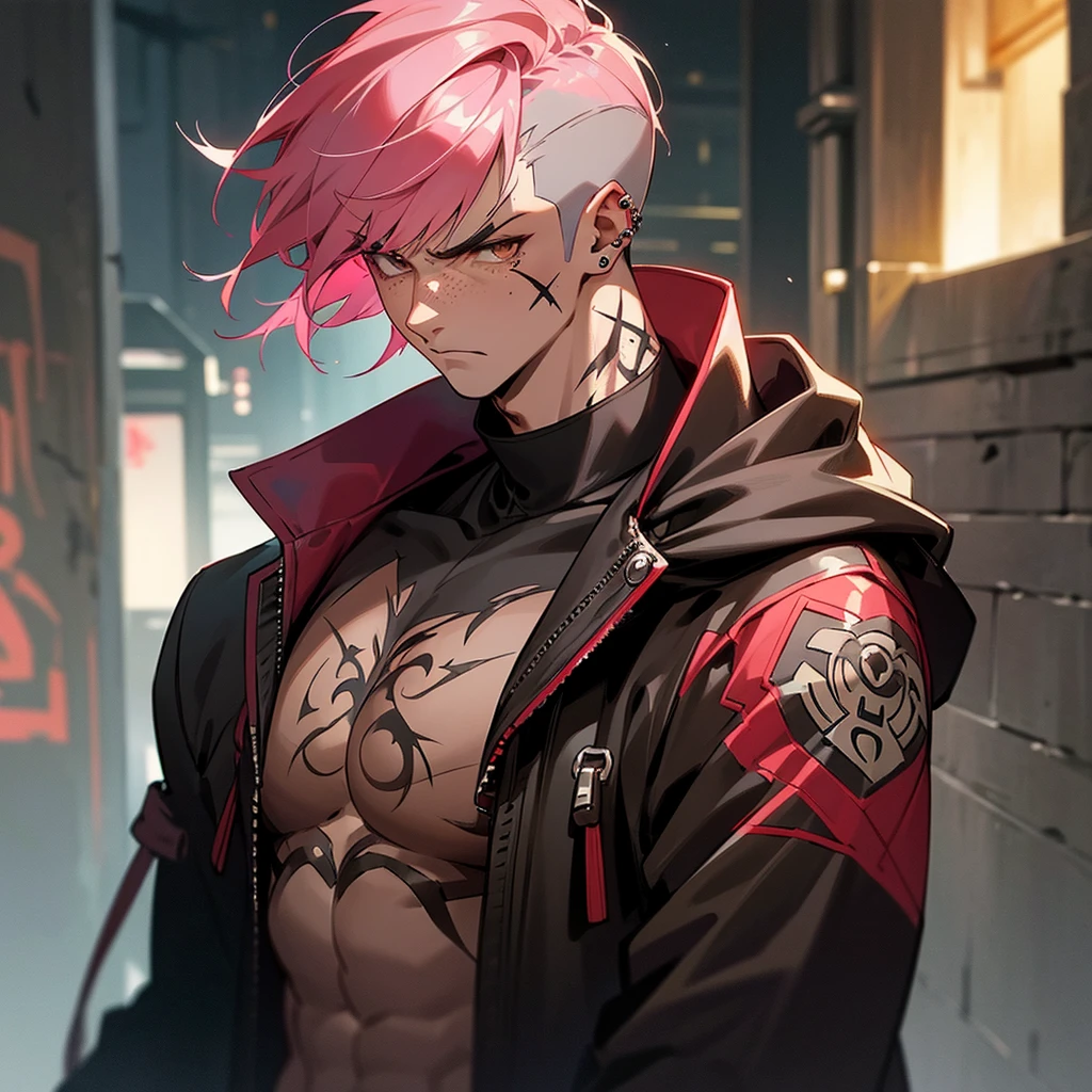arcane style, (1 man), handsome, cropped hooded jacket, dark red jacket with black details, tattoo on arm, asymmetrical bangs, band-aid, short hair (shaved on one side), bangs freckles, light brown eyes, muscular man, looking at viewer, tattoo on neck, piercing in nose, pink hair, scar, scar on face, solo, tattoo on face, detailed background, city, alley, dark alley, night, angry, close-up, mouth closed, , ((masterpiece)), masculine face,