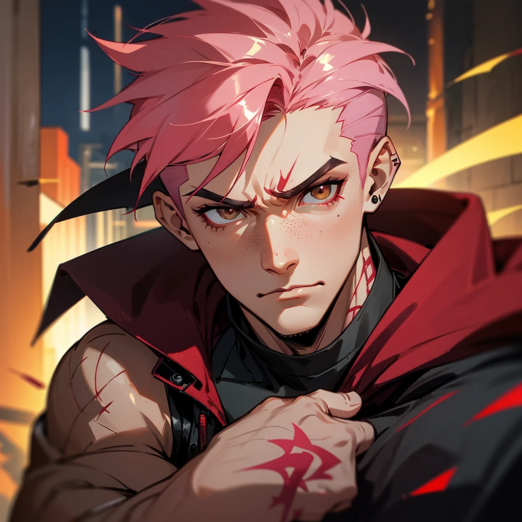 arcane style, (1 man), handsome, cropped hooded jacket, dark red jacket with black details, tattoo on arm, asymmetrical bangs, band-aid, short hair (shaved on one side), bangs freckles, light brown eyes, muscular man, looking at viewer, tattoo on neck, piercing in nose, pink hair, scar, scar on face, solo, tattoo on face, detailed background, city, alley, dark alley, night, angry, close-up, mouth closed, , ((masterpiece)), masculine face,