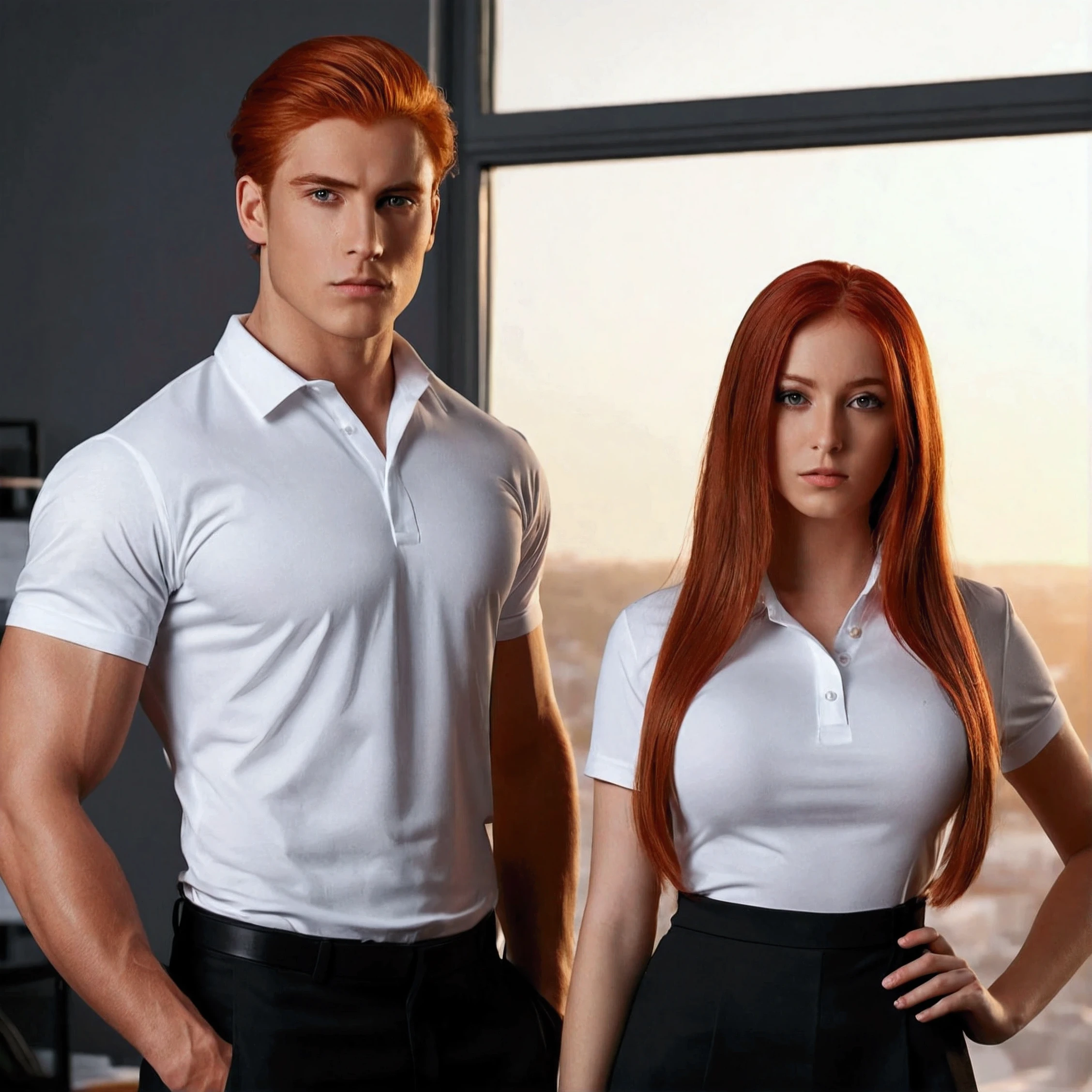 girl and boy. (masterpiece, High resolution, Ultra High resolution, 4k)photo. standing straight look ahead. front view. real photo of a girl next door with long red hair (ultra realistic 1.4k) , model girl with juicy figure and big breasts, secretary uniform , sexy top . A muscular brown hair men near to the girl in a black uniform, black pantaloon. white tshirt loft office on the sunset. (real image) realistic photo. ultra-realistic, photography, photo RAW,