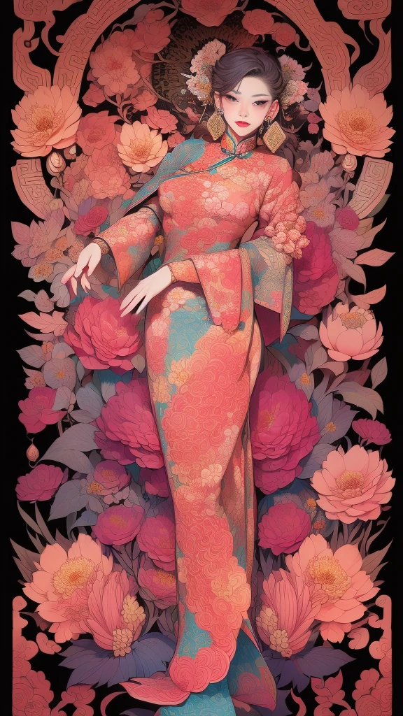 (masterpiece, top quality, best quality, official art, beautiful and aesthetic:1.2), (1girl:1.3), extremely detailed,(fractal art:1.1),(colorful:1.1)(flowers:1.3),highest detailed,(zentangle:1.2), (dynamic pose), (abstract background:1.3), (chinese Traditional cloth:1.2), (shiny skin), (many colors:1.4), ,(earrings:1.4),