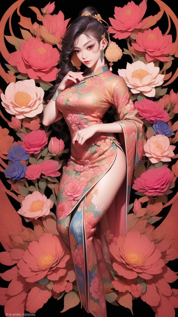 (masterpiece, top quality, best quality, official art, beautiful and aesthetic:1.2), (1girl:1.3), extremely detailed,(fractal art:1.1),(colorful:1.1)(flowers:1.3),highest detailed,(zentangle:1.2), (dynamic pose), (abstract background:1.3), (chinese Traditional cloth:1.2), (shiny skin), (many colors:1.4), ,(earrings:1.4),