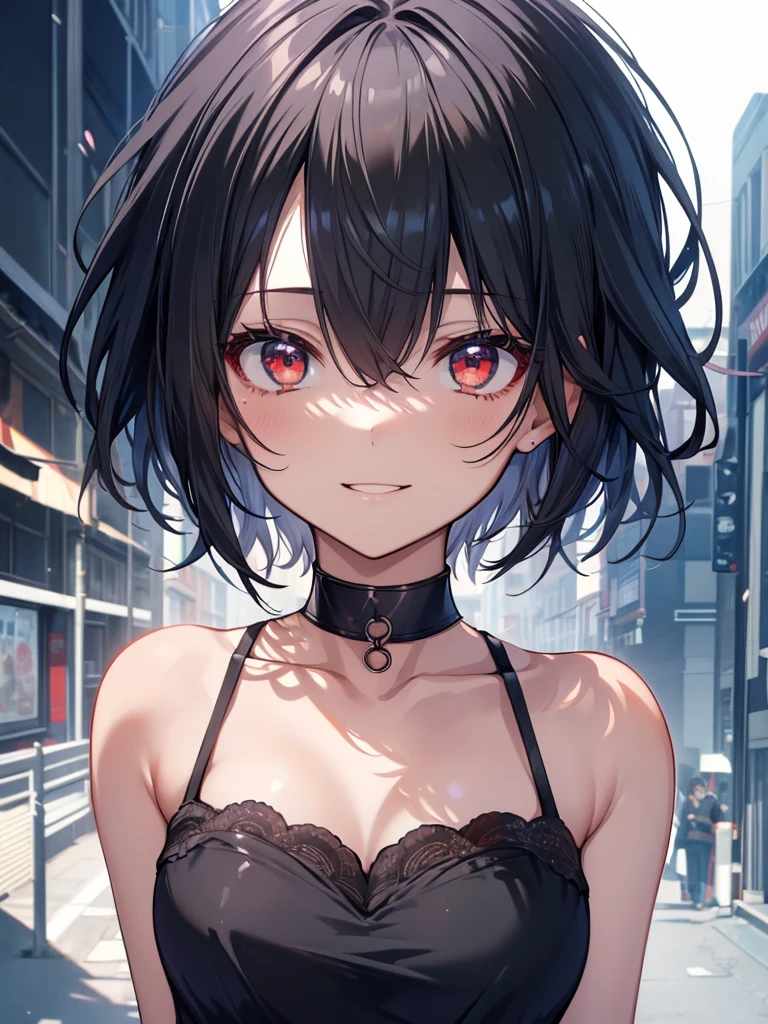 (masterpiece, highest quality, highest quality, (No text), Beautiful and aesthetic:1.2),No text,アニメ、BREAK,One Girl，Black Hair Girl　short hair　older sister　choker　Beautiful eyes　Red eyes　cool　smile　Black and Red　whole body　In town