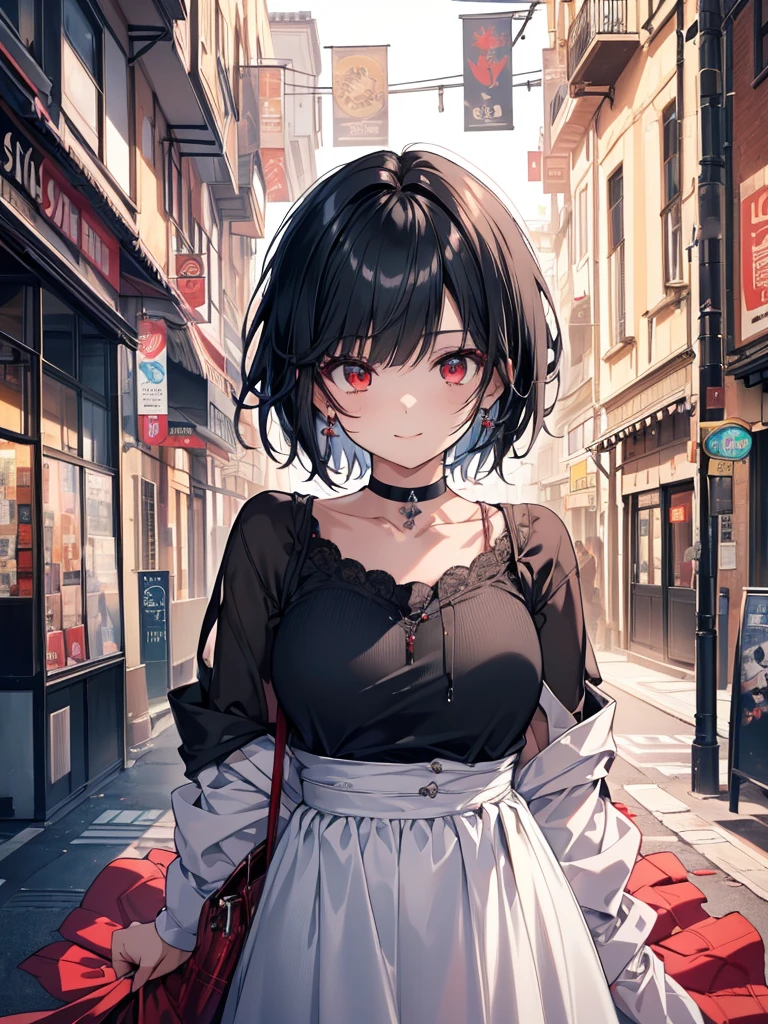 (masterpiece, highest quality, highest quality, (No text), Beautiful and aesthetic:1.2),No text,アニメ、BREAK,One Girl,Black Hair Girl short hair older sister choker Beautiful eyes Red eyes cool smile Black and Red whole body In town