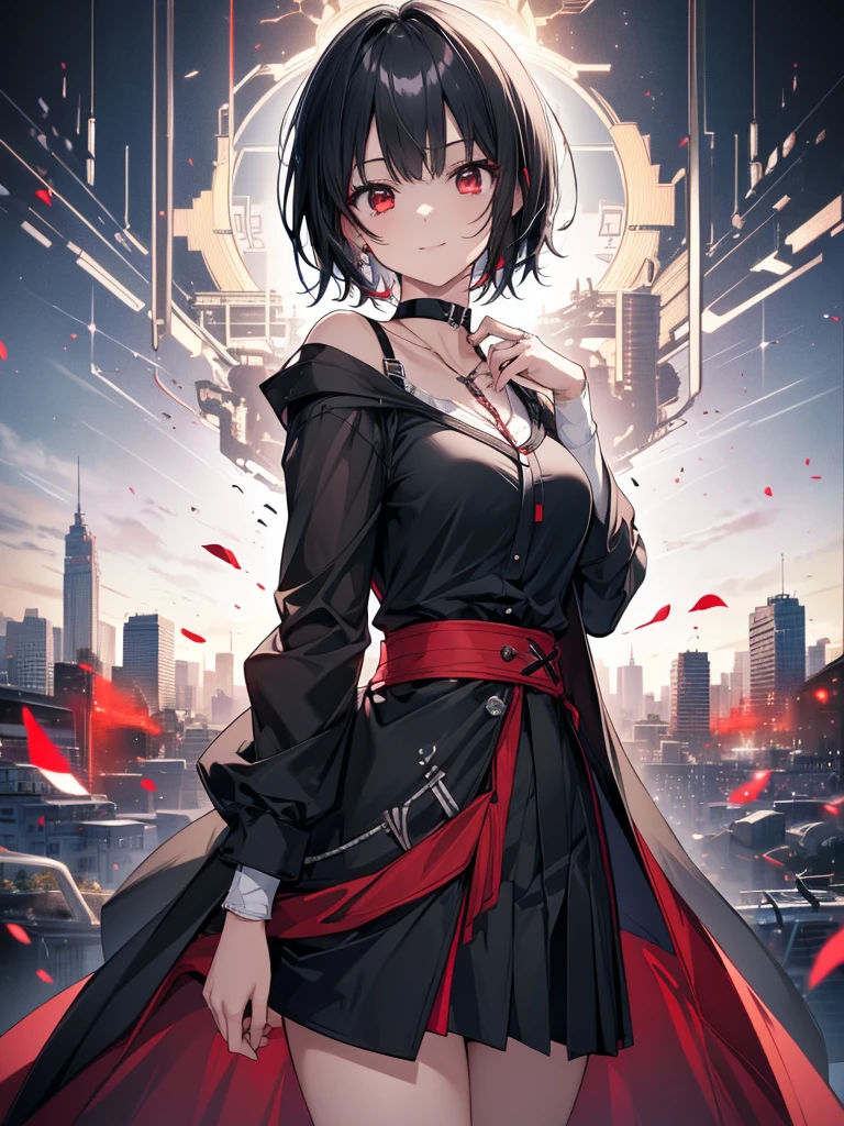 (masterpiece, highest quality, highest quality, (No text), Beautiful and aesthetic:1.2),No text,アニメ、BREAK,One Girl,Black Hair Girl short hair older sister choker Beautiful eyes Red eyes cool smile Black and Red whole body In town