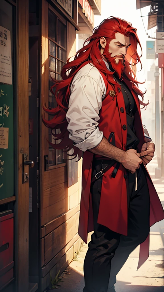 A large, red-haired man with his hair standing on end and a beard.。