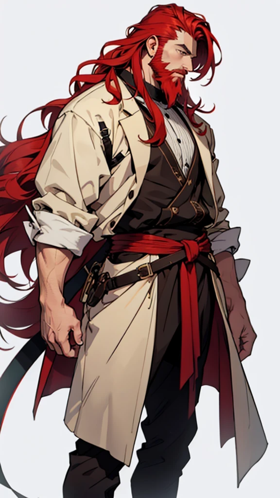 A large, red-haired man with his hair standing on end and a beard.。
