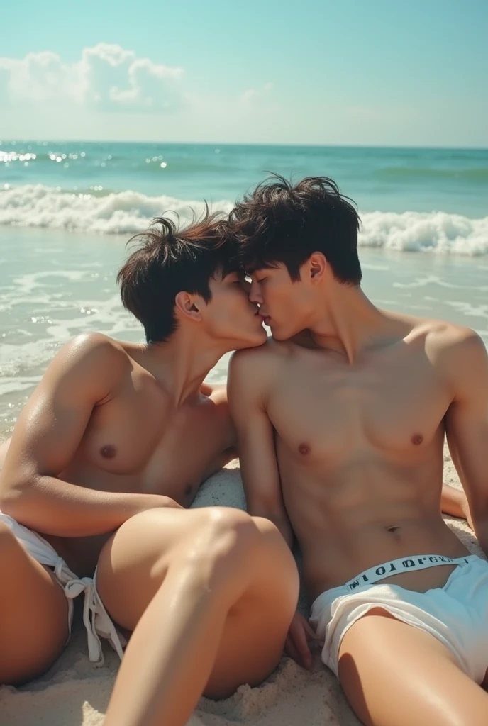 3 young well built male Korean idols , wearing white tiny thong , lying on the beach , kissing and cuddling each other , at the beach, beautiful sunny sky , soaking wet bodies. 