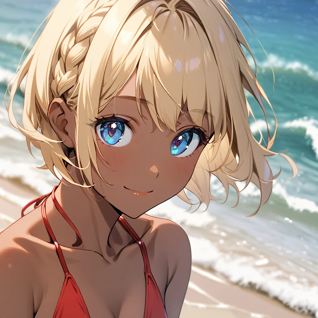 1girl(blond short hair, Braid, red bikini, Blue eyes, tall, Tan Skin. light smile), sea, swim