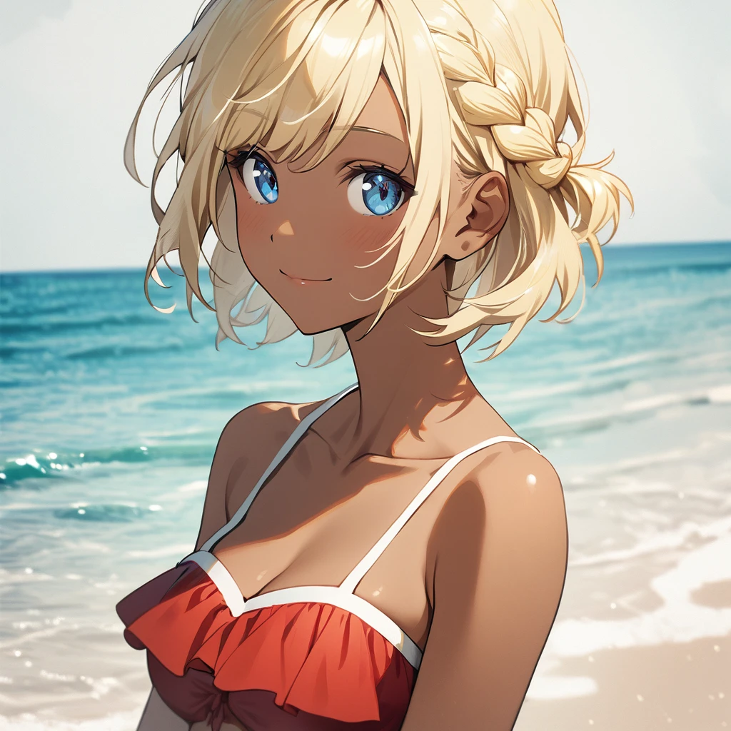 1girl(blond short hair, Braid, red bikini, Blue eyes, tall, Tan Skin. light smile), sea, swim
