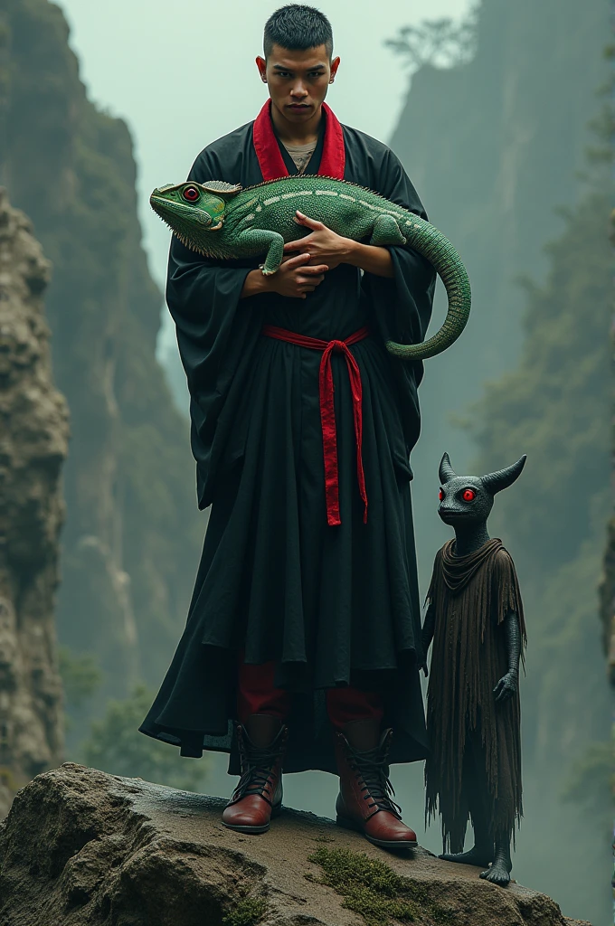 a 25 year old Indonesian man with short undercut hair, wearing a black robe with red details, appears to be standing on a rock, holding a chameleon with fierce red eyes, and beside him is a devil figure whose facial expression looks surprised