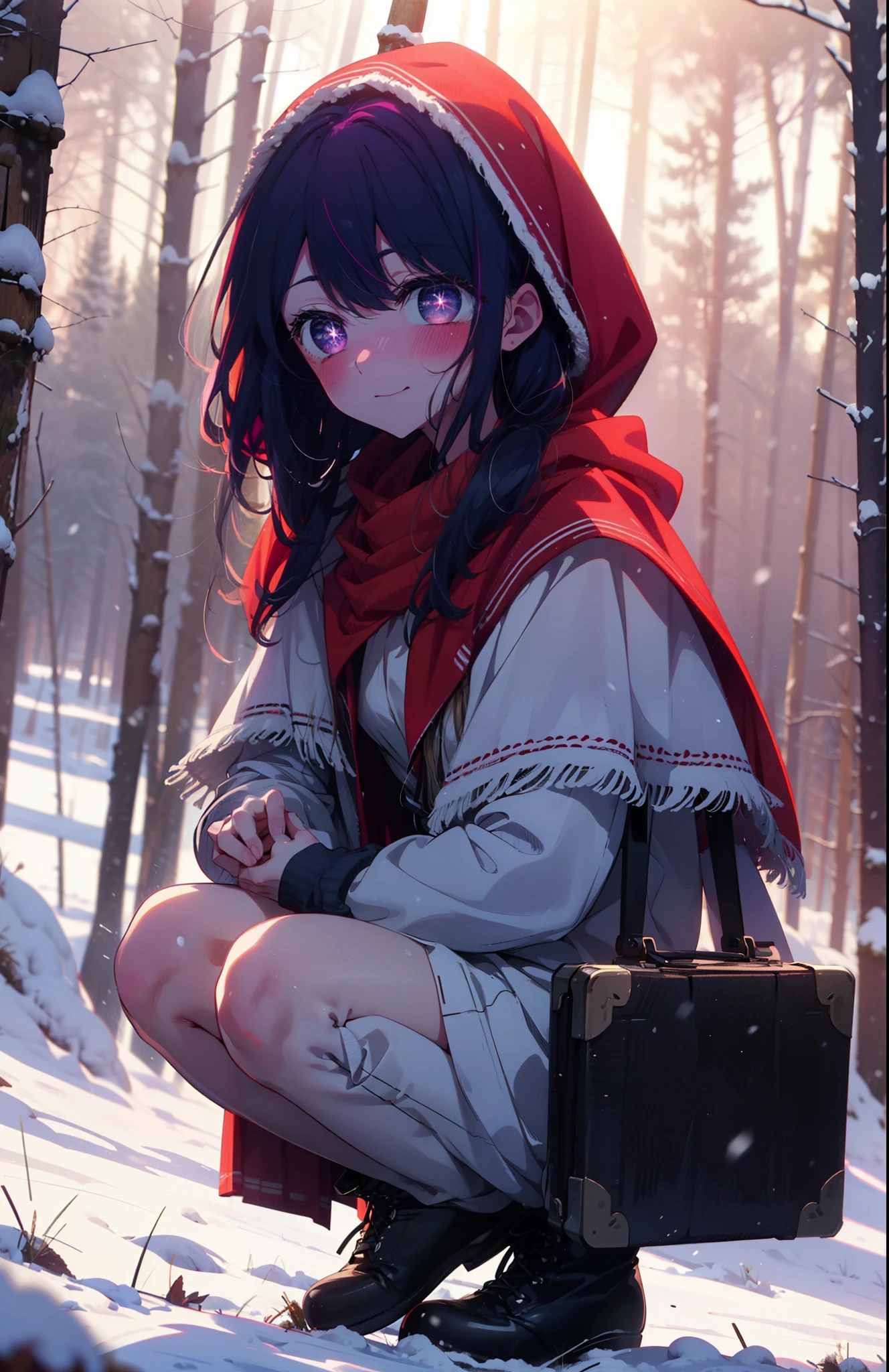 aihoshino, Ai Hoshino, Long Hair, bangs, (Purple eyes:1.1), Purple Hair, (Symbol-shaped pupil:1.5), smile,,smile,blush,white breath,
Open your mouth,snow,Ground bonfire, Outdoor, boots, snowing, From the side, wood, suitcase, Cape, Blurred, , forest, White handbag, nature,  Squat, Mouth closed, Cape, winter, Written boundary depth, Black shoes, red Cape break looking at viewer, Upper Body, whole body, break Outdoor, forest, nature, break (masterpiece:1.2), Highest quality, High resolution, unity 8k wallpaper, (shape:0.8), (Beautiful and beautiful eyes:1.6), Highly detailed face, Perfect lighting, Highly detailed CG, (Perfect hands, Perfect Anatomy),