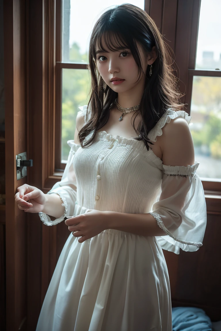 (Highest quality:1.4),(masterpiece:1.4),(Realistic:1.4),(Realistic:1.2),(超High resolution, RAW Photos:1.4),(High resolution, Ultra-detailed:1.2),(8k:1.2),View your viewers,Cinematic photography,One girl,skeletally correct,Black-haired woman,Woman in her early 20s,(Small earrings,necklace,Half-sleeve with frilled sleeves,Long dress),(Western-style building interior,Dimly lit room,The lamplight shines on my cheeks)