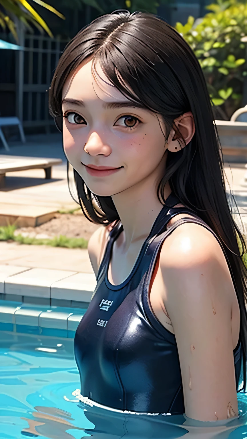 Highest quality、Realistic、girl、、zoom、Orange eyes、Black Hair、Blue Separate Swimsuit、slender、Small breasts、Inappropriate smile、Pool、Bust Shot、