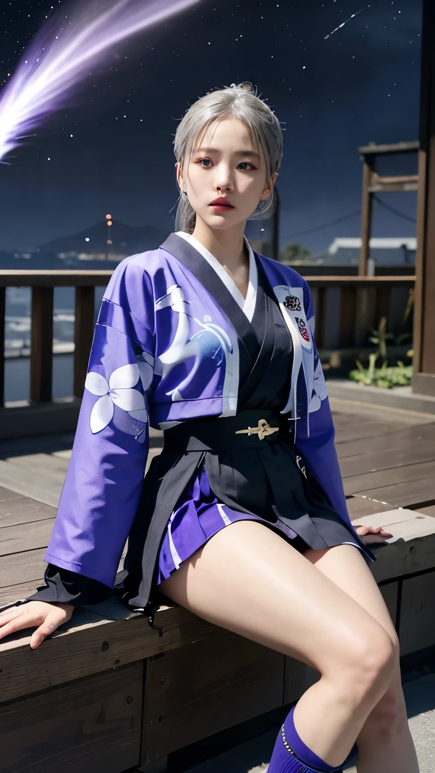 One girl, kimono, ponytail ,Gray Hair, Purple eyes, magic circle, Blue Fire, Blue Flame, wallpaper, landscape, Blood, Blood splatter, Depth of written boundary, night, Particles of light, light, Side light, Thighs, destiny \(series\), Genshin Impact, ****, Open jacket, skirt, Knee socks, cloud