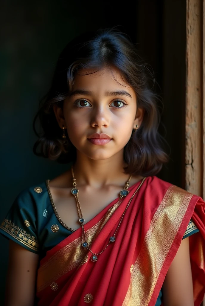 Young girl in saree portrait, (portrait photo), ((best quality)), masterpiece, 8k wallpaper, nikon, cinematic lighting, medium hair, ((blue iris))