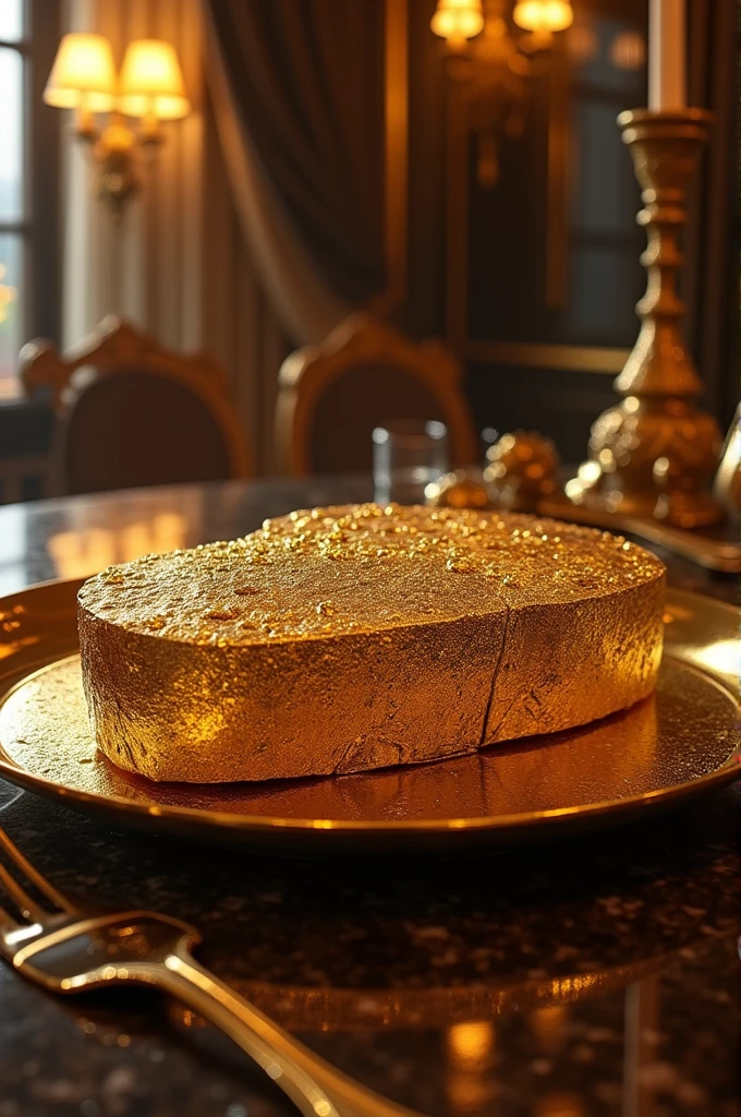 A $1,000,000 gold steak in a beautiful, expensive house with gold foil and filling.