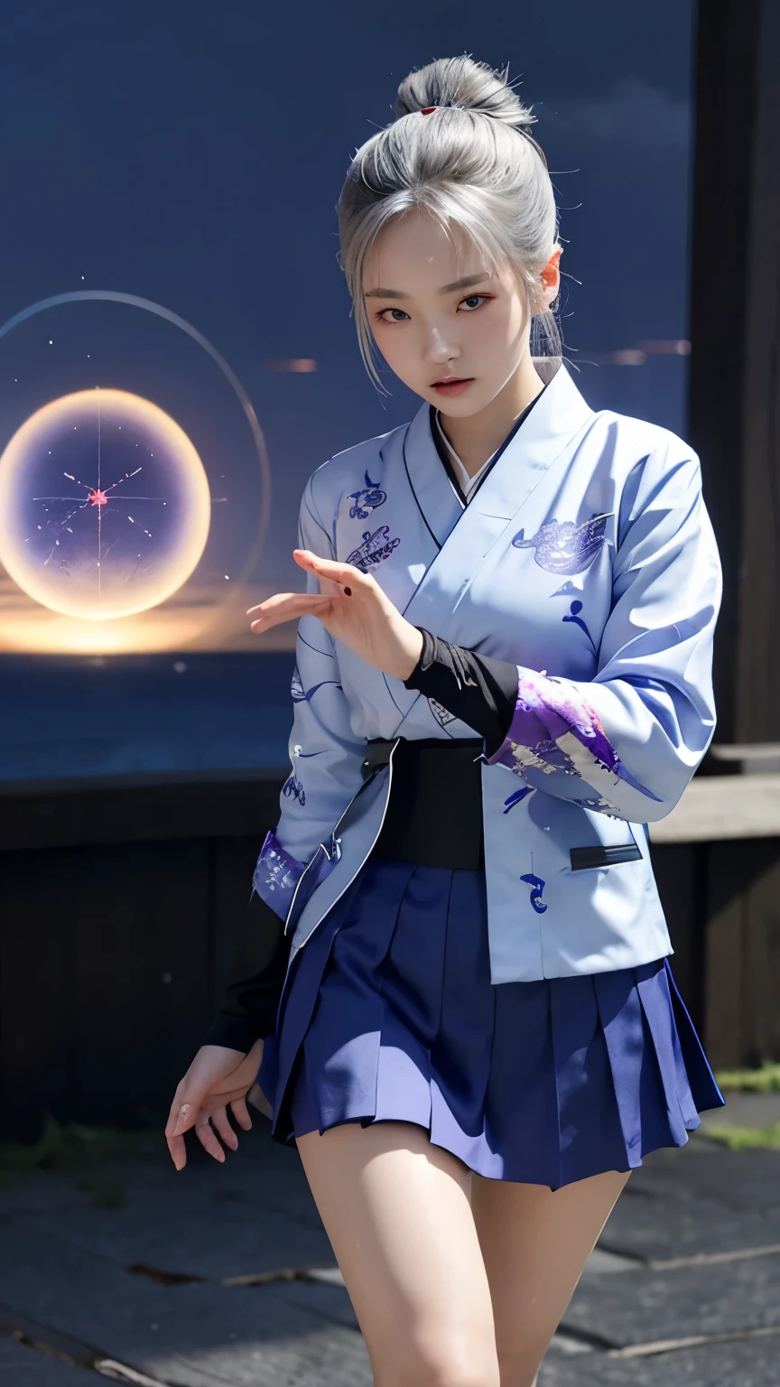 One girl, kimono, ponytail ,Gray Hair, Purple eyes, magic circle, Blue Fire, Blue Flame, wallpaper, landscape, Blood, Blood splatter, Depth of written boundary, night, Particles of light, light, Side light, Thighs, destiny \(series\), Genshin Impact, ****, Open jacket, skirt, Knee socks, cloud