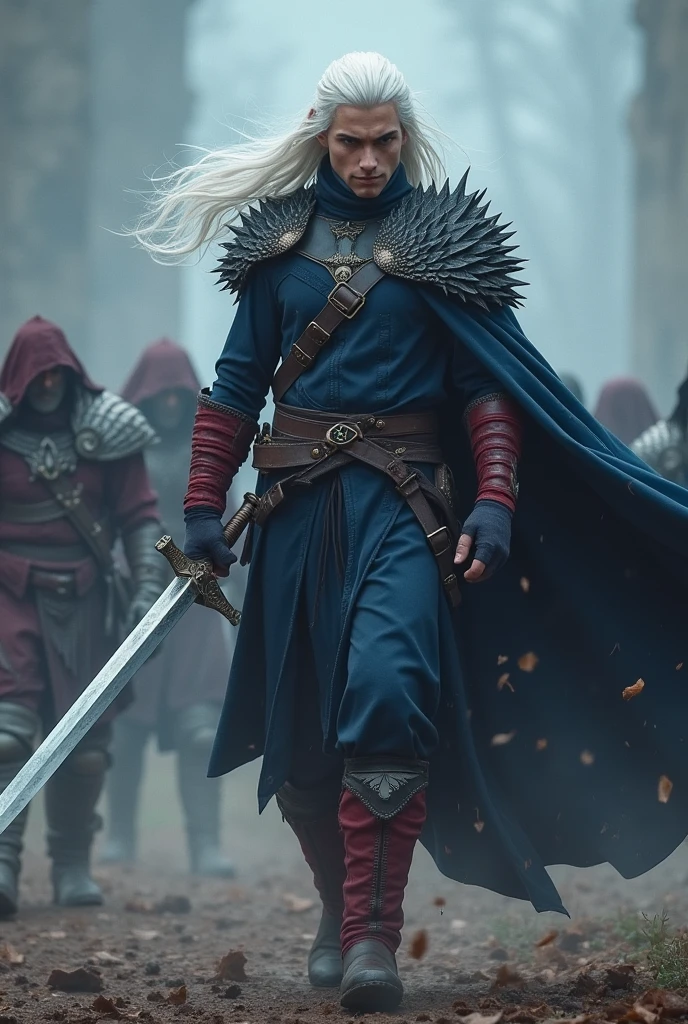 White long haired male warrior, with sword in hand, warrior costume with dark blue tones, with thorns on the shoulders, without cape and red boots, in a battle against mages