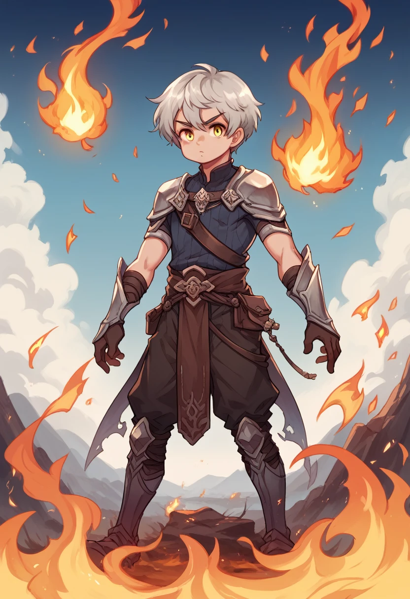 Attention to detail, Clarity, 8 kilometers, Young man, 18-year-old, Light grey hair, short hair, Yellow Eyes, Standing on fire, realism, Fantasy,