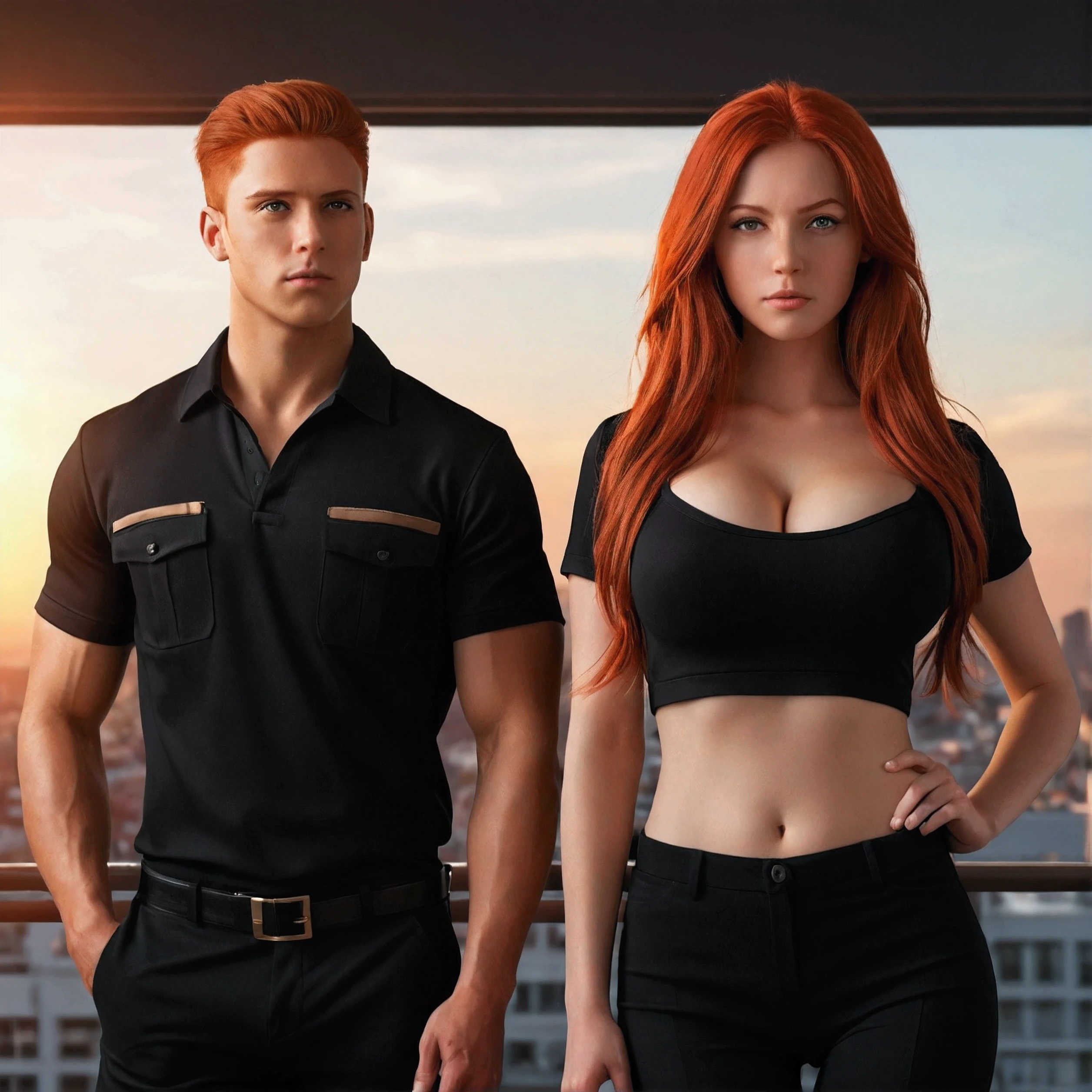 girl and boy. (masterpiece, High resolution, Ultra High resolution, 4k)photo. standing straight look ahead. front view. real photo of a girl next door with long red hair (ultra realistic 1.4k) , model girl with juicy figure and big breasts, Black uniform , sexy top . A muscular men near to the girl in a black uniform, black pantaloon. loft office on the sunset. (real image) realistic photo. ultra-realistic, photography, photo RAW,