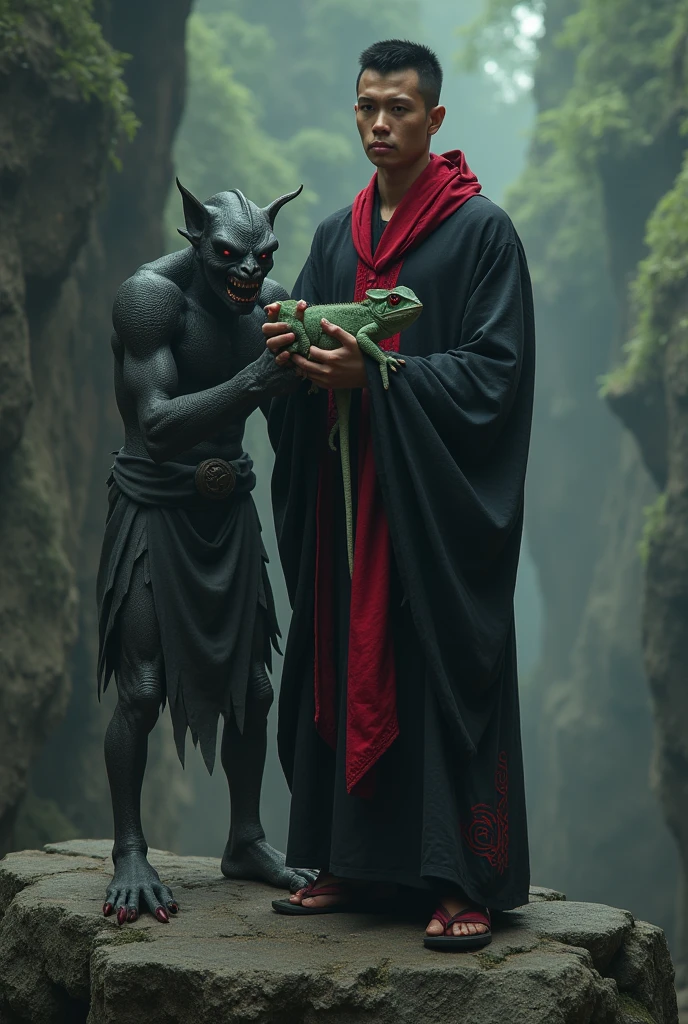 a 25 year old Indonesian man with short undercut hair, wearing a black robe with red details, appears to be standing on a rock, holding a chameleon with fierce red eyes, and beside him is a devil figure whose facial expression looks surprised