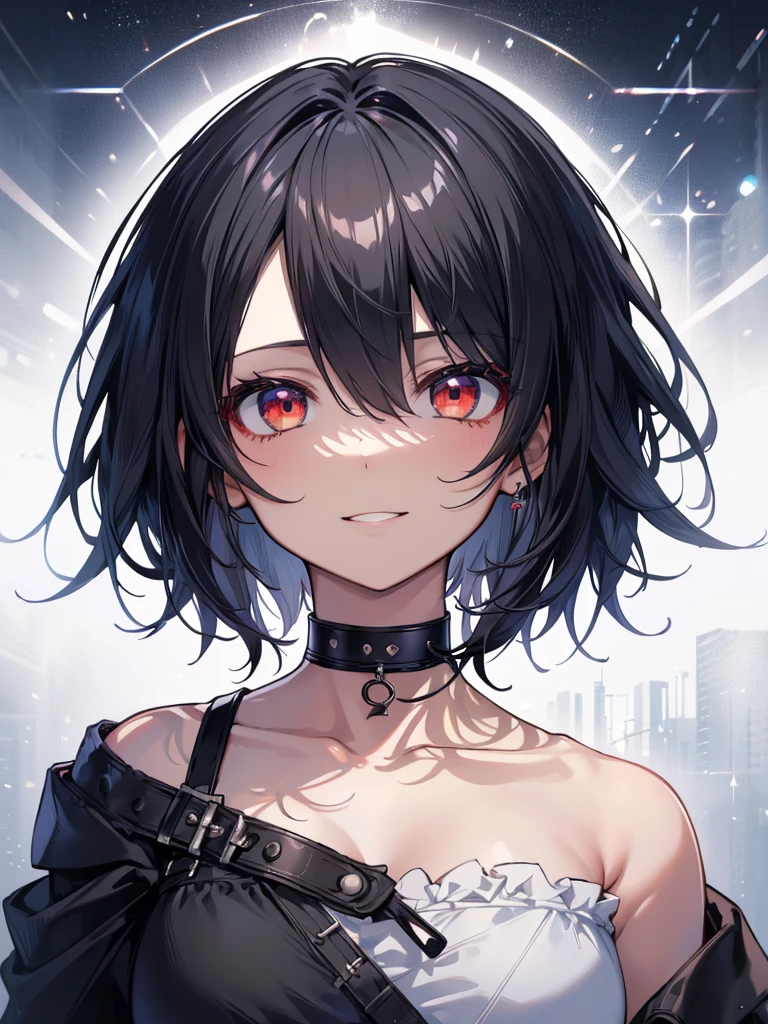 (masterpiece, highest quality, highest quality, (No text), Beautiful and aesthetic:1.2),No text,アニメ、BREAK,One Girl,Black Hair Girl short hair older sister choker Beautiful eyes Red eyes cool smile Black and Red whole body In town
