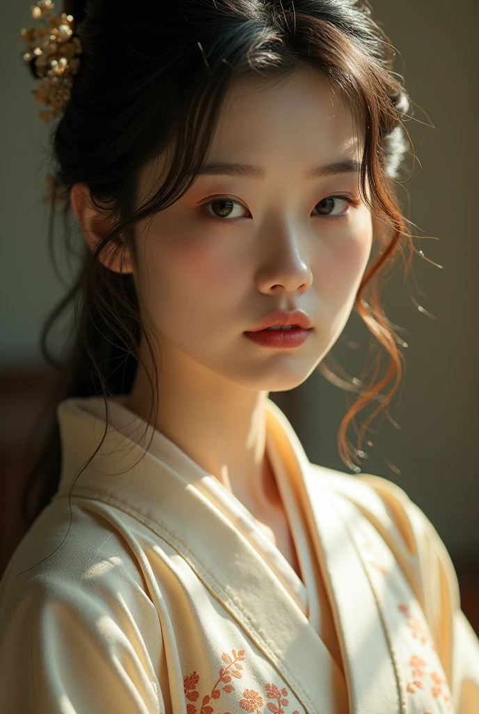 An elegantly dressed Japanese woman in natural light、A close-up of her chest and calm expression.、It shows her inner peace and outer charm.。