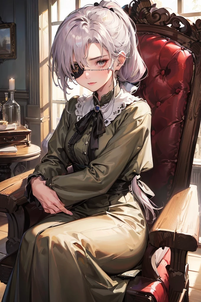 (old mother style), (((she has lost one's left hand))),((wears an eyepatch over one's left eye)), sit down on old chair, (solo low ponytail hair) (beautiful detailed woman, 53 yo, soft smile, glossy lip, looking down), (in a old clothes), break, (masterpiece:1.4, best quality)
