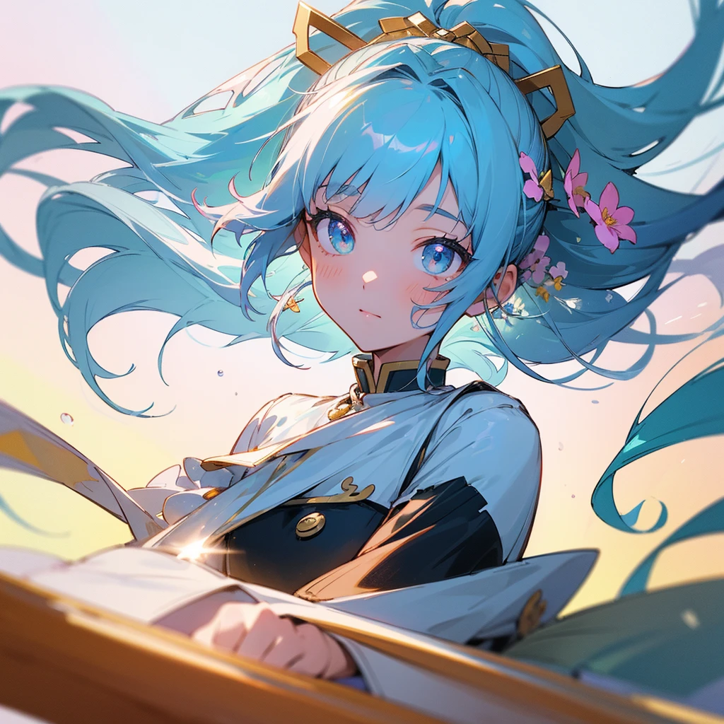 (masterpiece), (best quality), (ultra detailed),(disheveled hair),(illustration), (1girl), (Fashionable clothing), standing, Fashion model, looking at viewer, (interview), (simple background),beautiful detailed eyes, delicate beautiful face, Floating,(high saturation),(colorful splashes),colorful bubble,(shining), focus on face, ponytail, kamisato ayaka, light blue hair, bangs, hair ring, floating flowers, floating hairs, (shining), best lighting, best shadow,