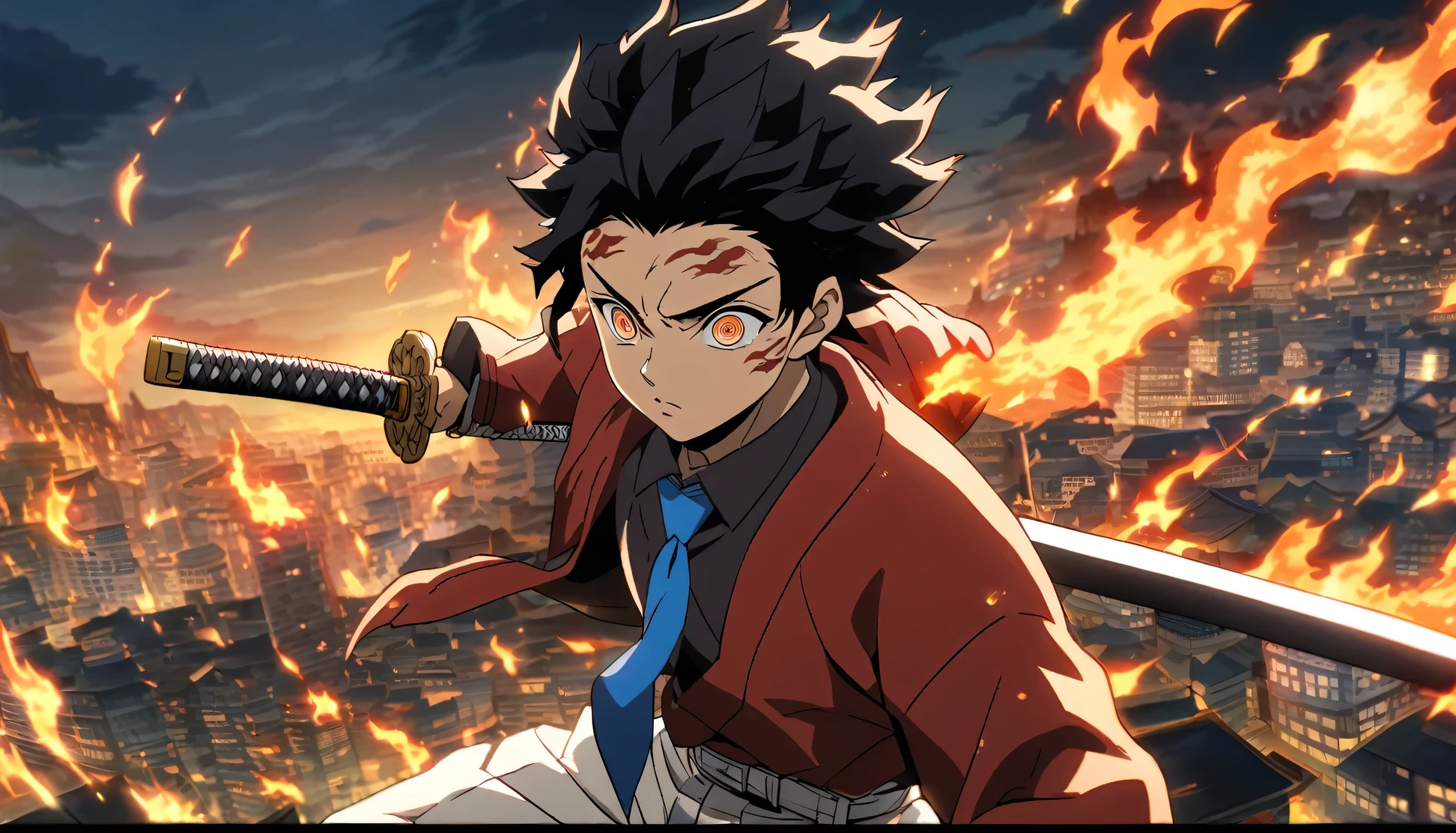 Anime,male,black hair,orange eye,Red school outfit ,white pants,blue tie,katana,fire effect,samurai style, Anime Stules, holding in katana, effect, HD, Kimetsu No Yaiba Styles, City Background