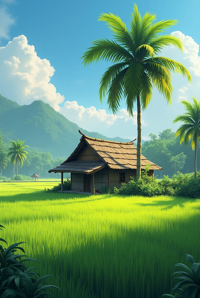 There is a village house, next to the house there is a coconut tree and paddy field..