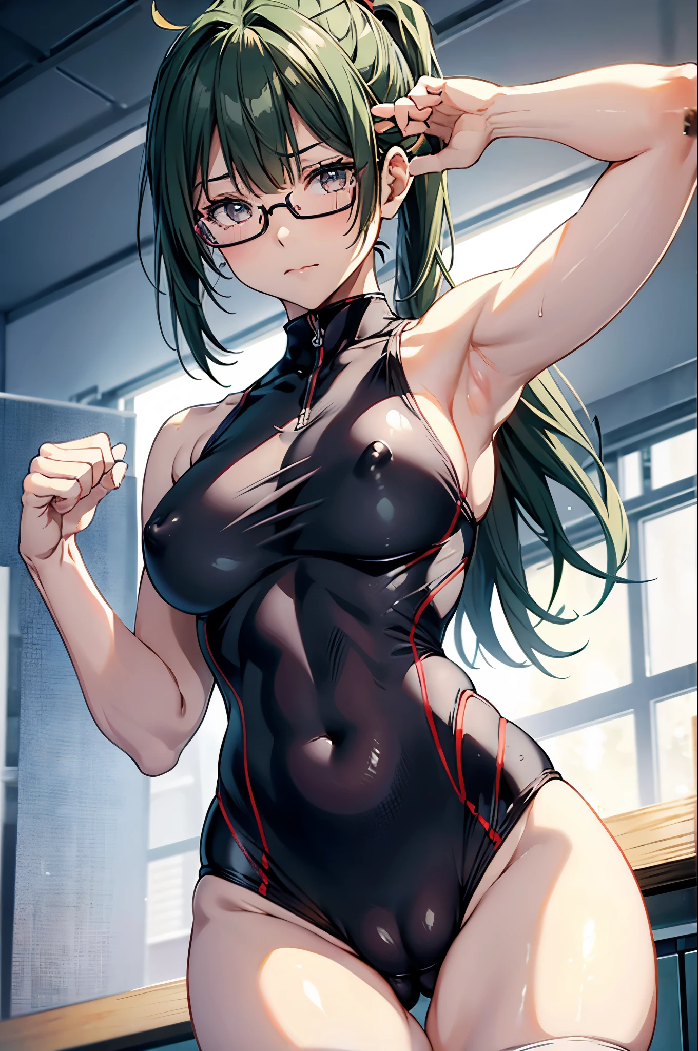 zenin_maki,ponytail,glasses,bangs,green hair,brown eyes,large breasts,slender,competition swimsuits,erect nipples,sleeveless,(cameltoe:1.3),sea,masterpiece,Noise Reduction,perfect anatomy,high resolution, ultra-detailed, ultra-detailed face,game cg,dutch angle ,beautiful detailed eyes,visualart,five fingers, perfect hands, perfect lighting, sparkling pupils,