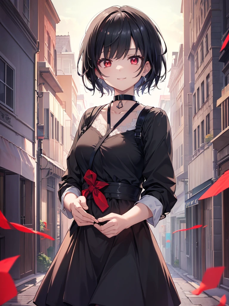 (masterpiece, highest quality, highest quality, (No text), Beautiful and aesthetic:1.2),No text,アニメ、BREAK,One Girl,Black Hair Girl short hair older sister choker Beautiful eyes Red eyes cool smile Black and Red whole body In town