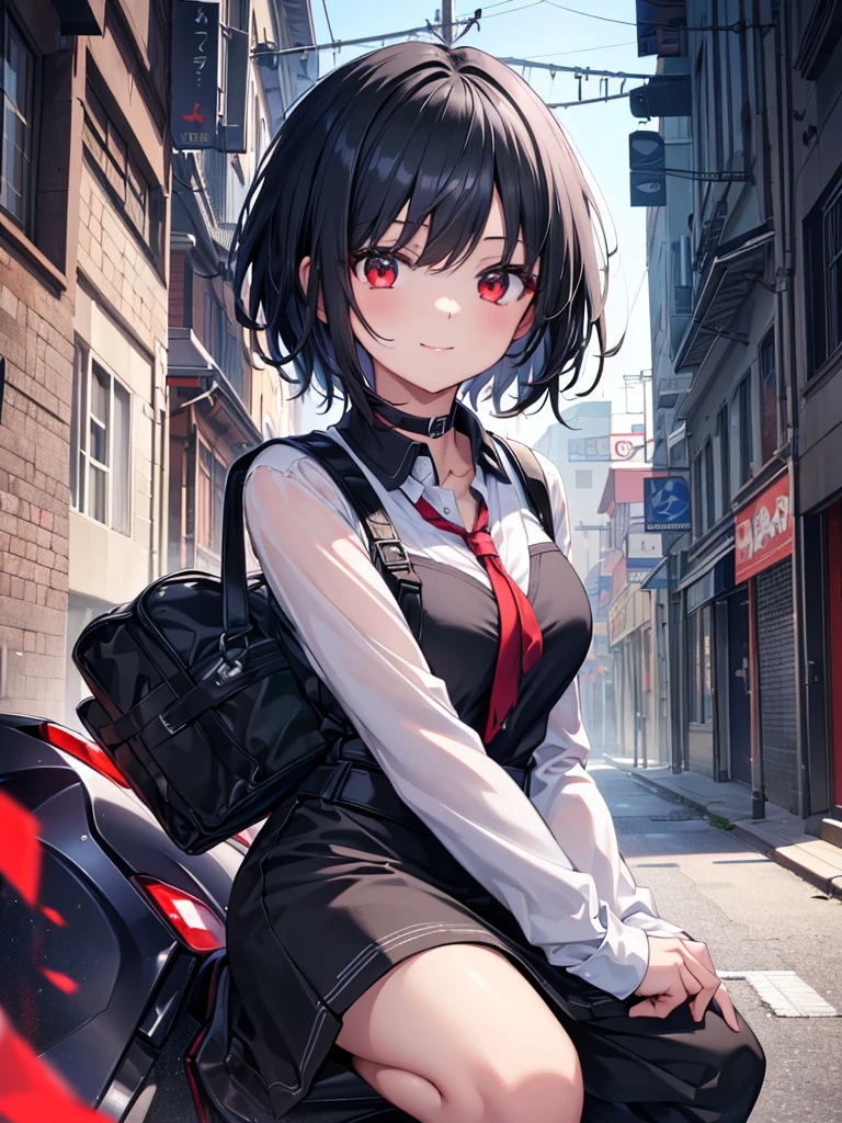 (masterpiece, highest quality, highest quality, (No text), Beautiful and aesthetic:1.2),No text,アニメ、BREAK,One Girl,Black Hair Girl short hair older sister choker Beautiful eyes Red eyes cool smile Black and Red whole body In town