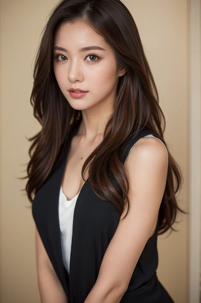 (8K, Best quality, Masterpiece: 1.2), (Realistic, Realistic: 1.37), Super detail, 1 girl, Cute, Single,Portrait of a beautiful young woman,Long, flowing hair, Bright eyes, and flawless skin,Backless vest