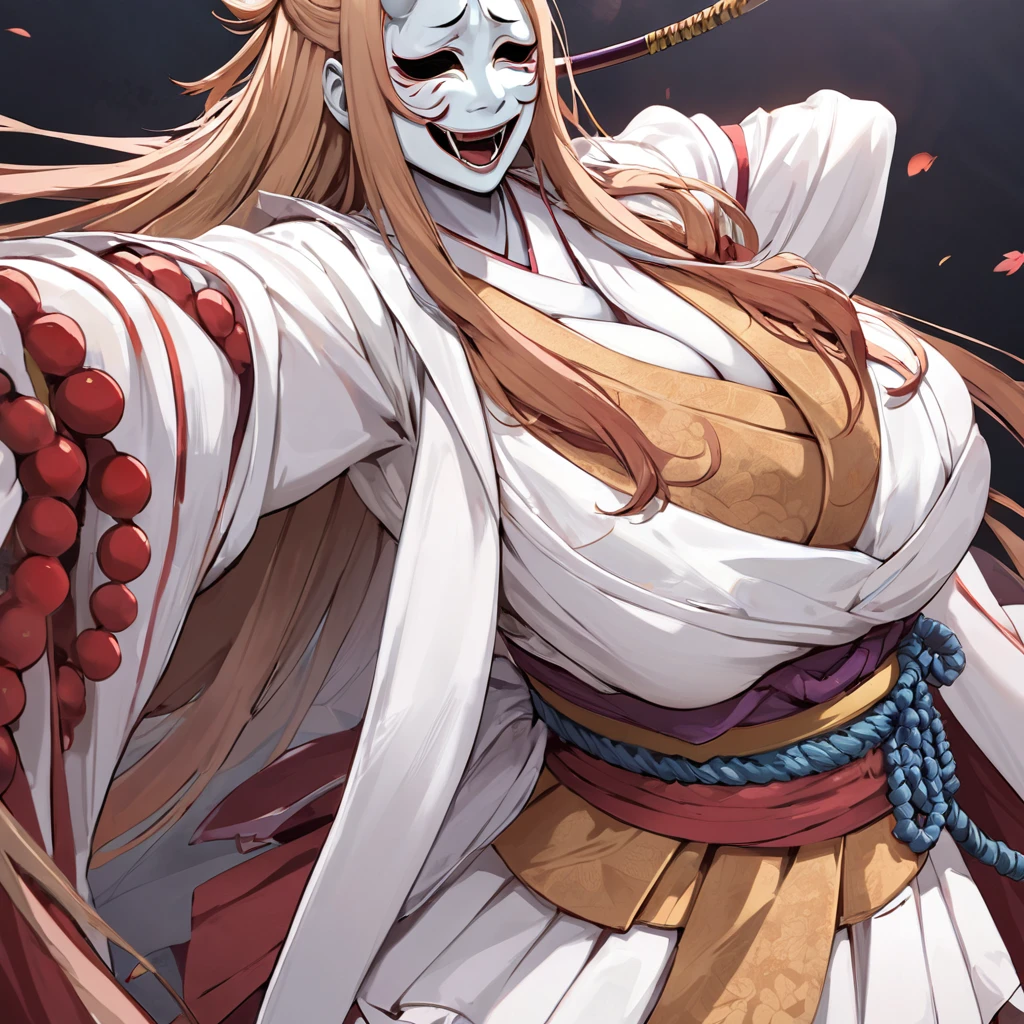 ((Highest quality)), ((masterpiece)), (detailed), （Perfect Face）、The woman in the Hannya costume is Yuuki Asuna, with light brown, semi-long hair and a Hannya mask covering her entire face, and her whole body is pure white skin.、The woman is in the state of Hannya in both body and mind, and her face is completely Hannya.、The woman is wearing a sexy, alluring, and provocative outfit, adorned with accessories.