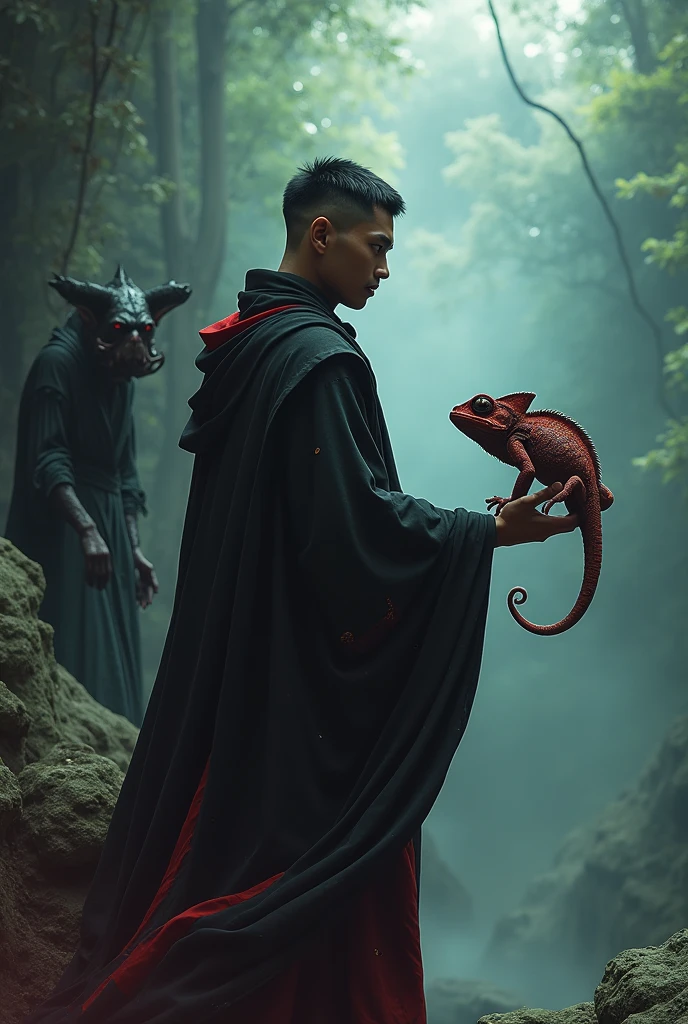 a 25 year old Indonesian man with short undercut hair, wearing a black robe with red details, appears to be standing on a rock, holding a chameleon with fierce red eyes, and beside him is a devil figure whose facial expression looks surprised