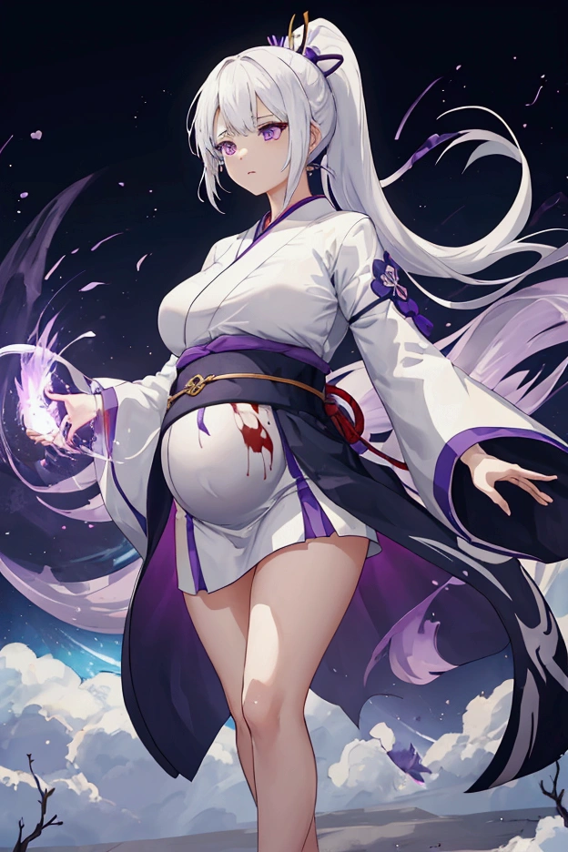 1 girl, Japanese clothes, ponytail ,white hair, Purple Eyes, magic circle, blue flame, blue flame, wallpaper, landscape, Blood, Blood splatter, Depth of Field, night, light particles, light, Side light, thigh, destiny \(series\), Genshin Impact, ****, open jacket, skirt, High Leg Raise, cloud, pregnant, maternity, big belly