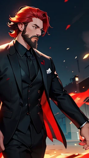 Short hair style、Black suit、A large, red-haired man with a beard。