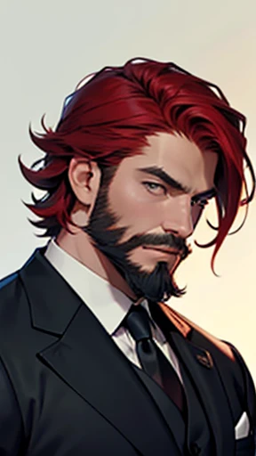 Short hair style、Black suit、A large, red-haired man with a beard。