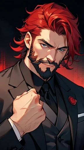 Short hair style、Black suit、A large, red-haired man with a beard。