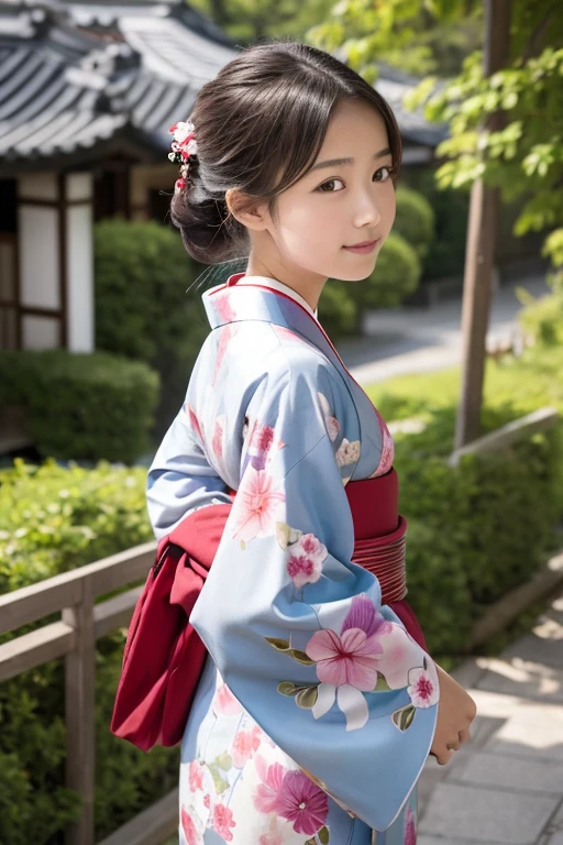 cute girl stands against a background of ((flowers)), her kimono patterned with the same frower design., smile, watercolor, reflection, highlight and shadow, ray tracing, dynamic angle, depth of field, 1000+ scatter petals, {back shot, |}looking at viewer, 